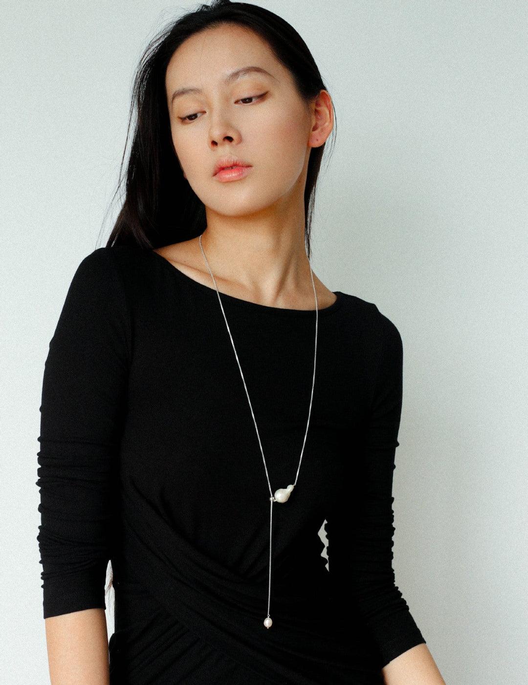 Long Pull Sterling Silver Chain Baroque Necklace - Gembea Jewelry