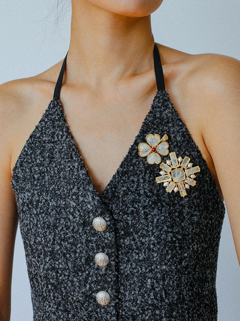 Lucky Four-leaf Clover White Crystal Brooch GEMBEA jewelry