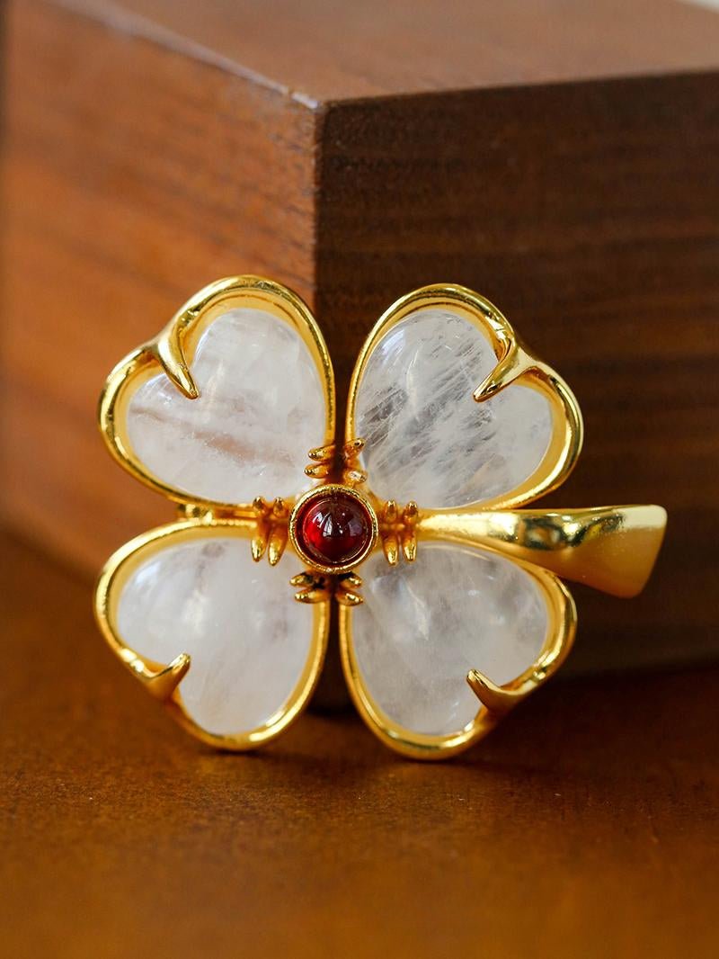 Lucky Four-leaf Clover White Crystal Brooch GEMBEA jewelry