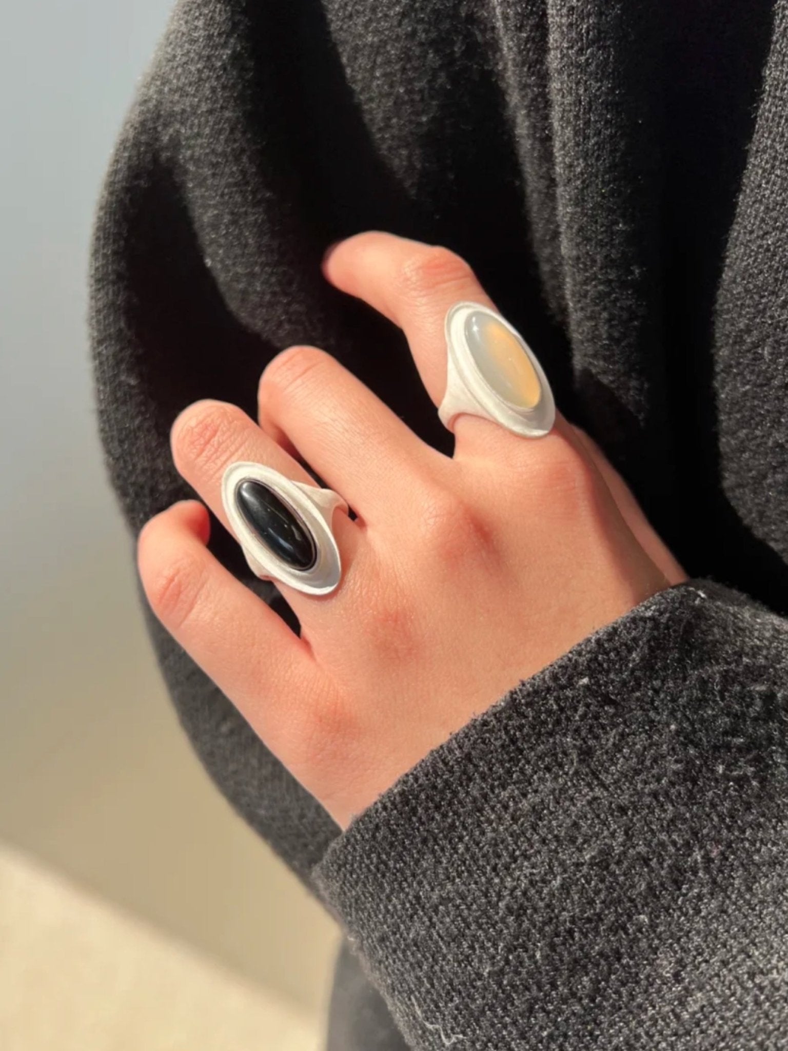Matte Sterling Silver Grey Black Agate Ring-Gembea Jewelry