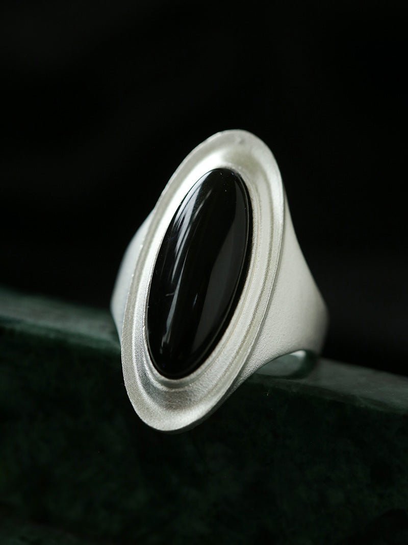 Matte Sterling Silver Grey Black Agate Ring-Gembea Jewelry