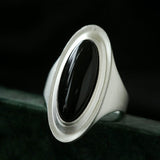 Matte Sterling Silver Grey Black Agate Ring-Gembea Jewelry