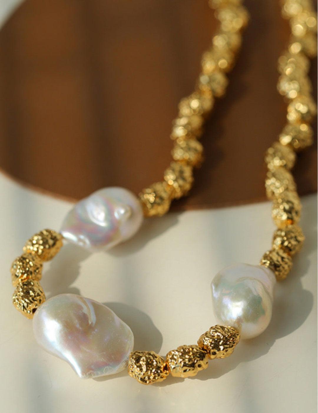 Metal Bean Natural Baroque Pearl Necklace - Gembea Jewelry