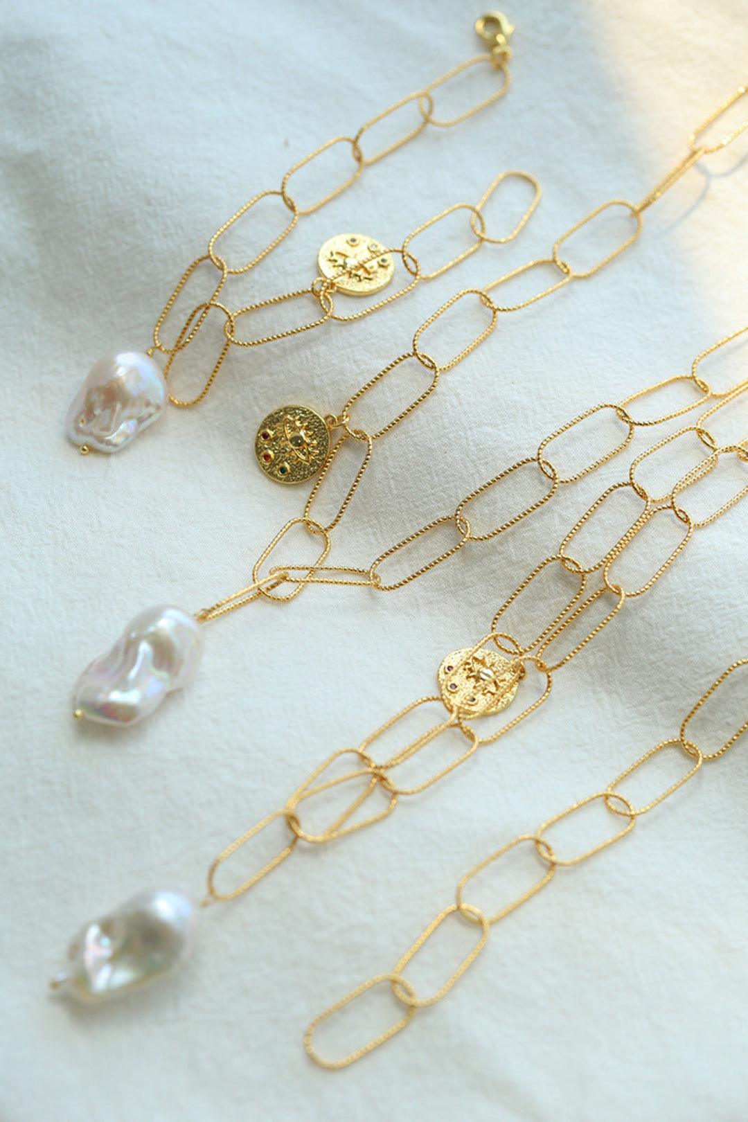 Metal Chain Baroque Pearl Pendant Bracelet - Gembea Jewelry