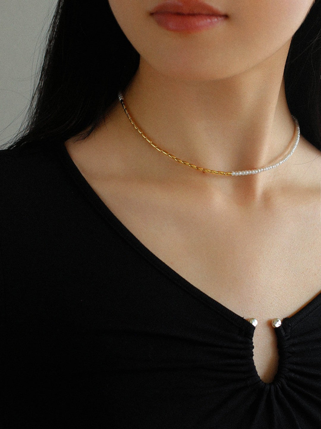 Mini Golden Rice Pearl Beaded Choker Necklace gembea jewelry