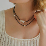 Minimalist Baroque Pearl Black Agate Beaded Necklace-Gembea Jewelry