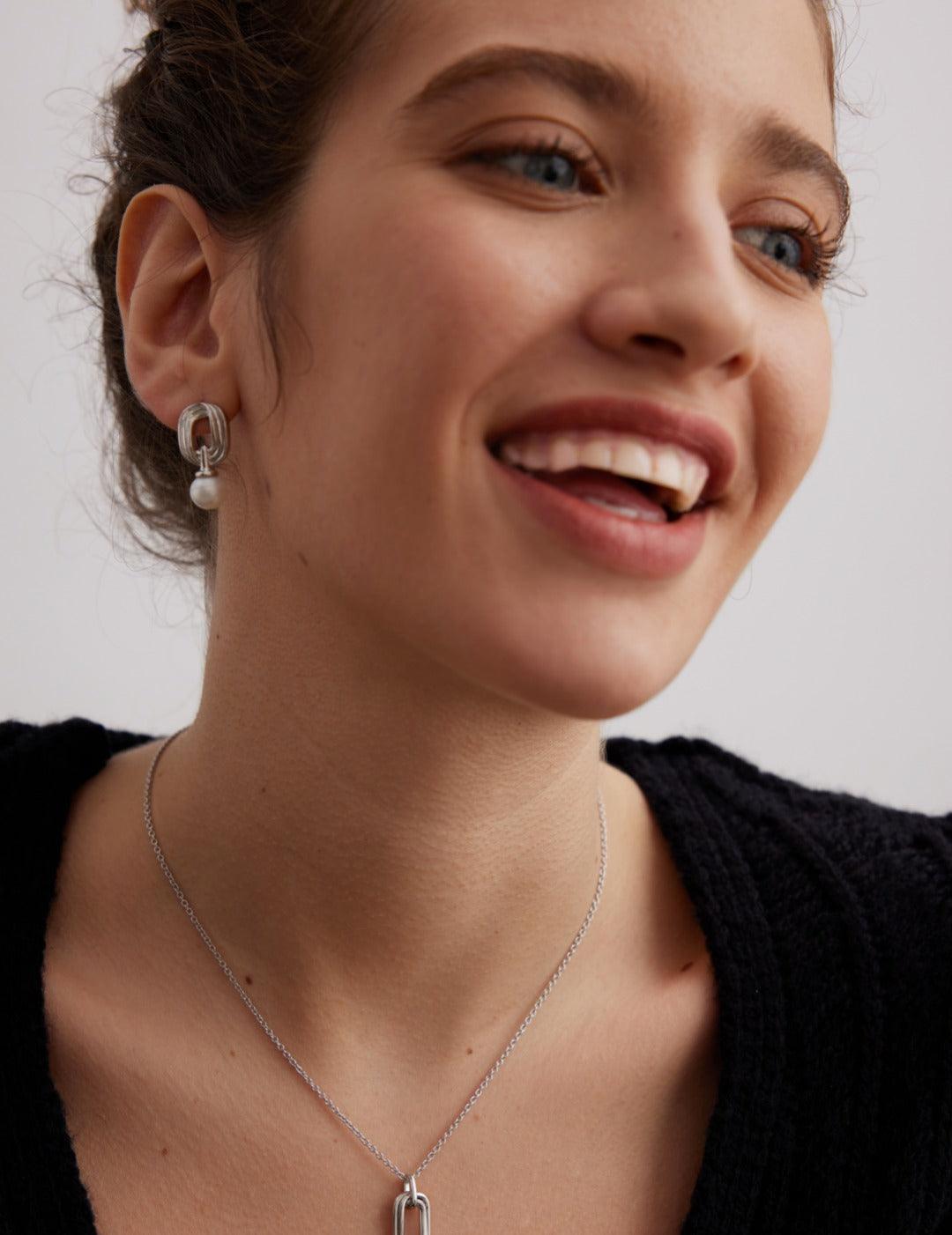 Minimalist Elliptic Line Sterling Silver Pearl Stud Earrings - Gembea Jewelry