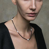 Minimalist Freshwater Pearl Black Agate Beaded Necklace-Gembea Jewelry