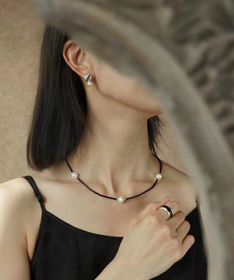 Minimalist Freshwater Pearl Black Agate Beaded Necklace-Gembea Jewelry