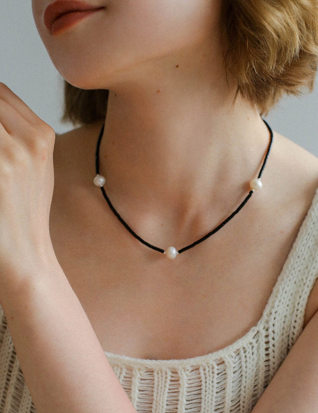 Minimalist Freshwater Pearl Black Agate Beaded Necklace-Gembea Jewelry