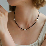 Minimalist Freshwater Pearl Black Agate Beaded Necklace-Gembea Jewelry