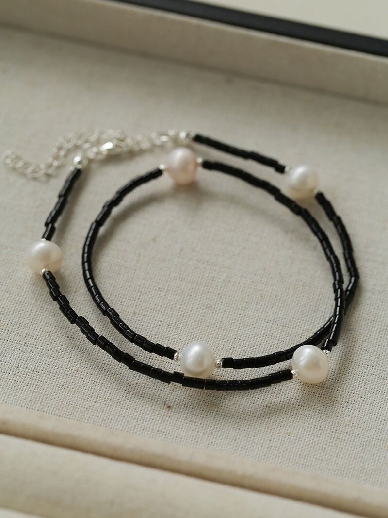 Minimalist Freshwater Pearl Black Agate Beaded Necklace-Gembea Jewelry