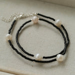 Minimalist Freshwater Pearl Black Agate Beaded Necklace-Gembea Jewelry