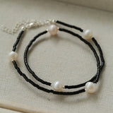 Minimalist Freshwater Pearl Black Agate Beaded Necklace-Gembea Jewelry