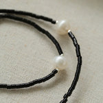 Minimalist Freshwater Pearl Black Agate Beaded Necklace-Gembea Jewelry