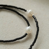Minimalist Freshwater Pearl Black Agate Beaded Necklace-Gembea Jewelry