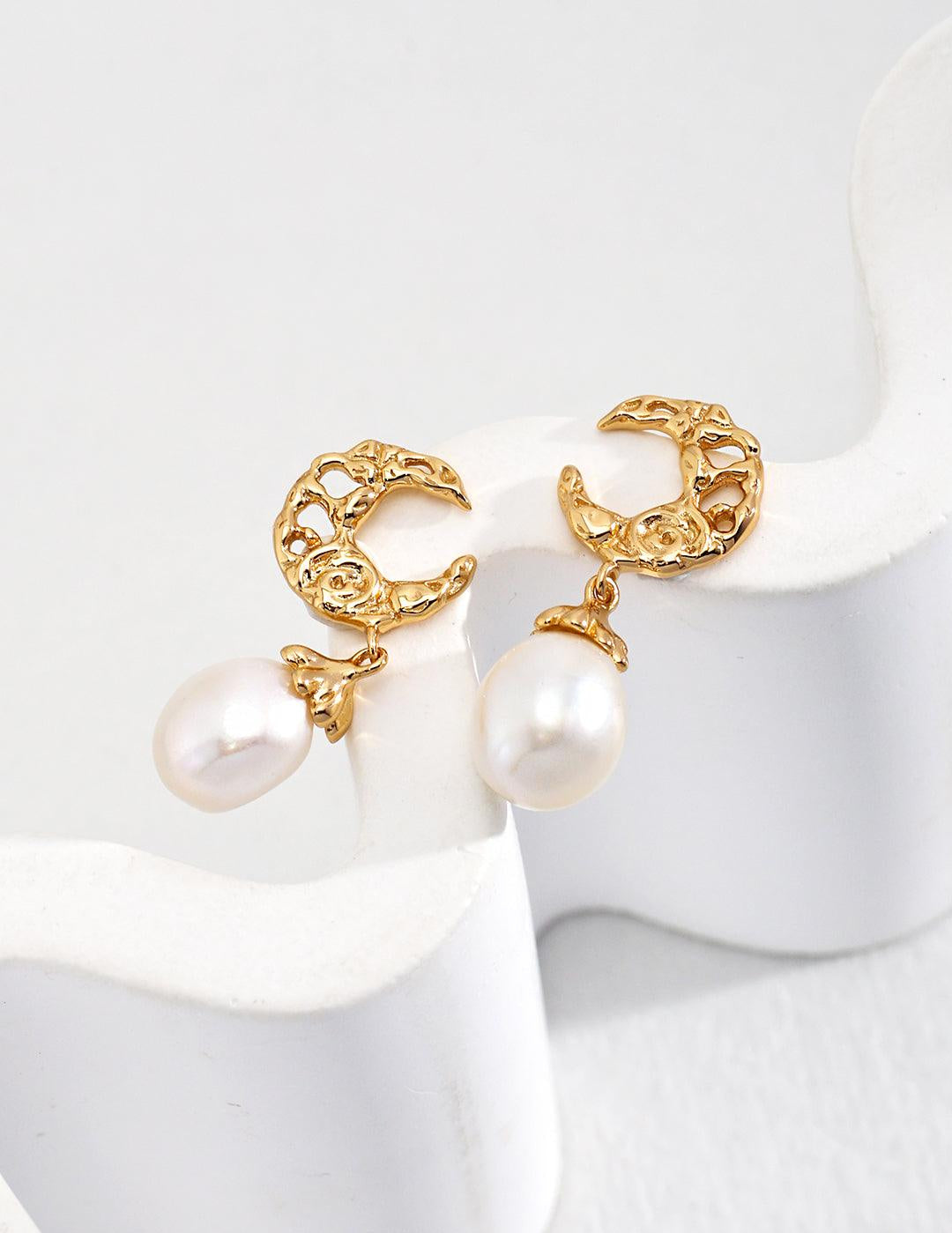 Moon Shaped Pearl Drop Earrings Gembea - Gembea Jewelry