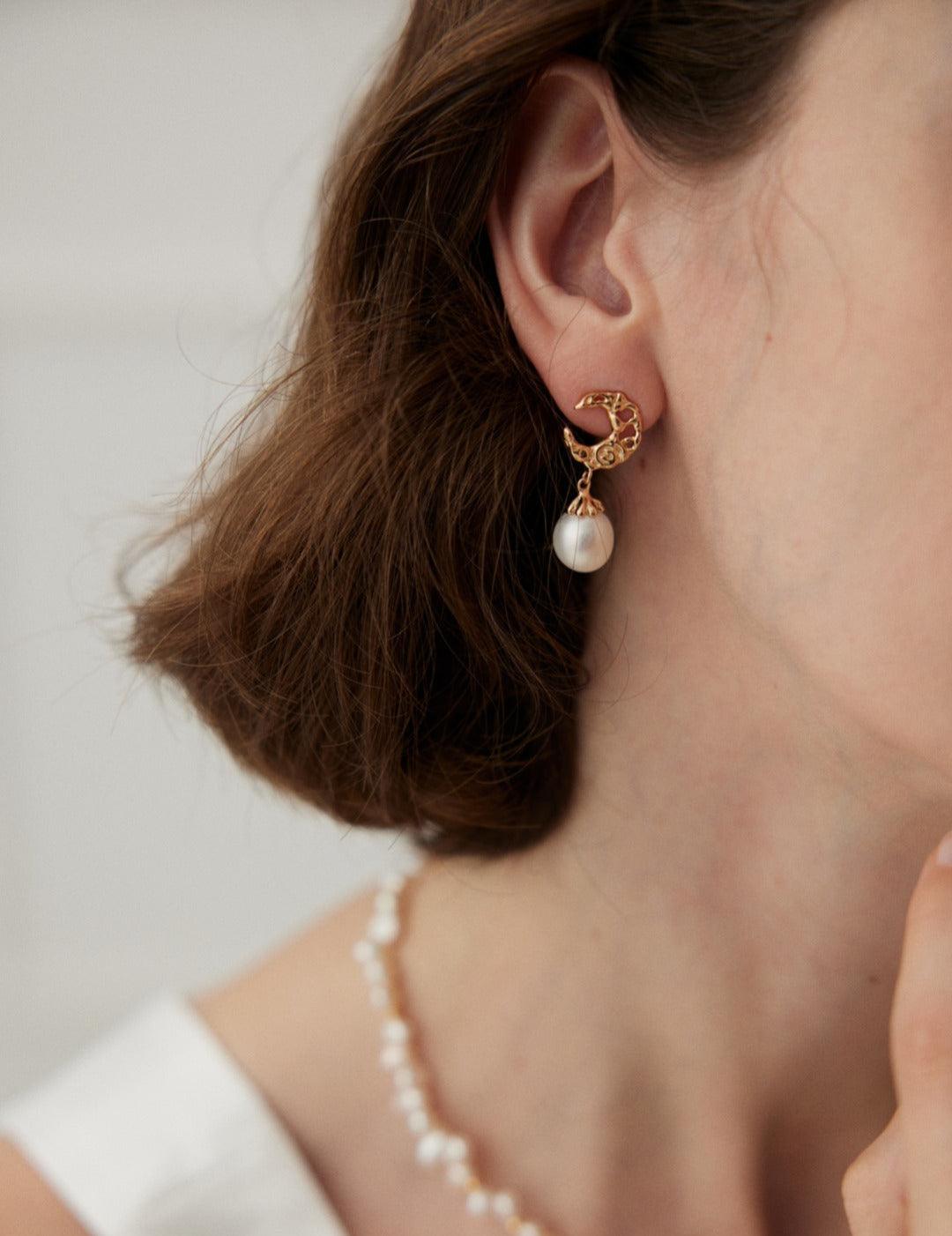 Moon Shaped Pearl Drop Earrings Gembea - Gembea Jewelry