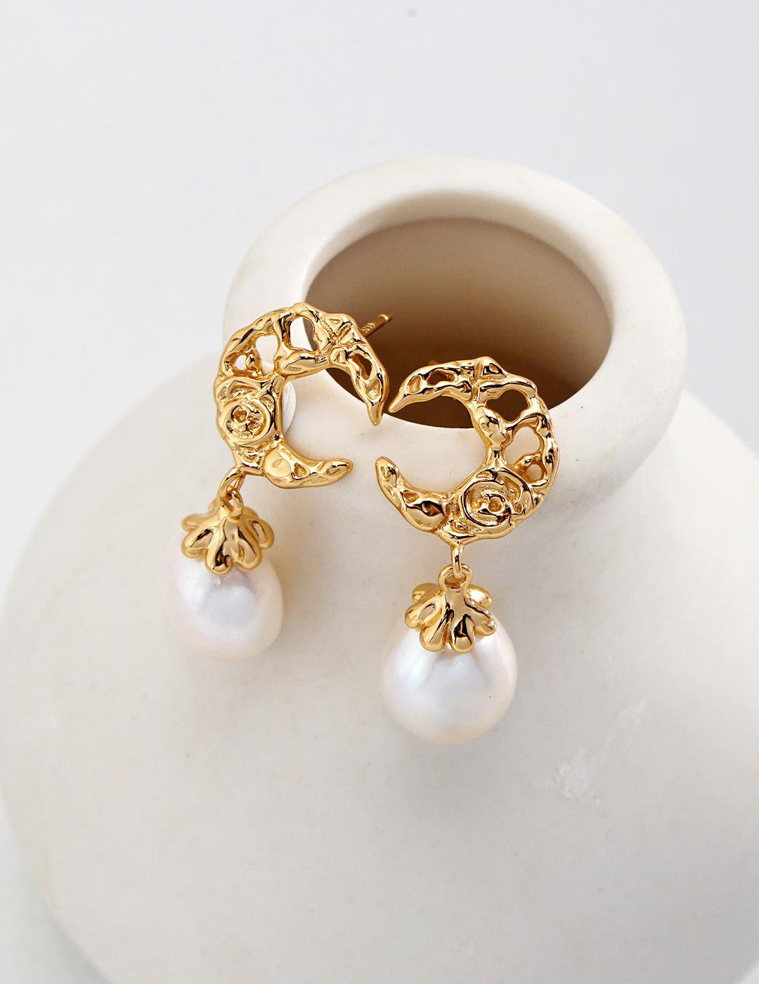 Moon Shaped Pearl Drop Earrings Gembea - Gembea Jewelry