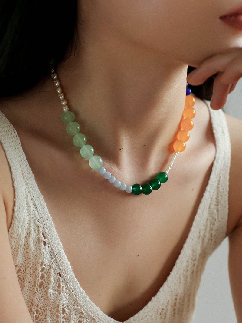 Multicolored Gemstone Pearl Beaded Necklace gembea jewelry