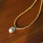 Baroque Pearl Pendant Lava Metal Necklace - Gembea Jewelry