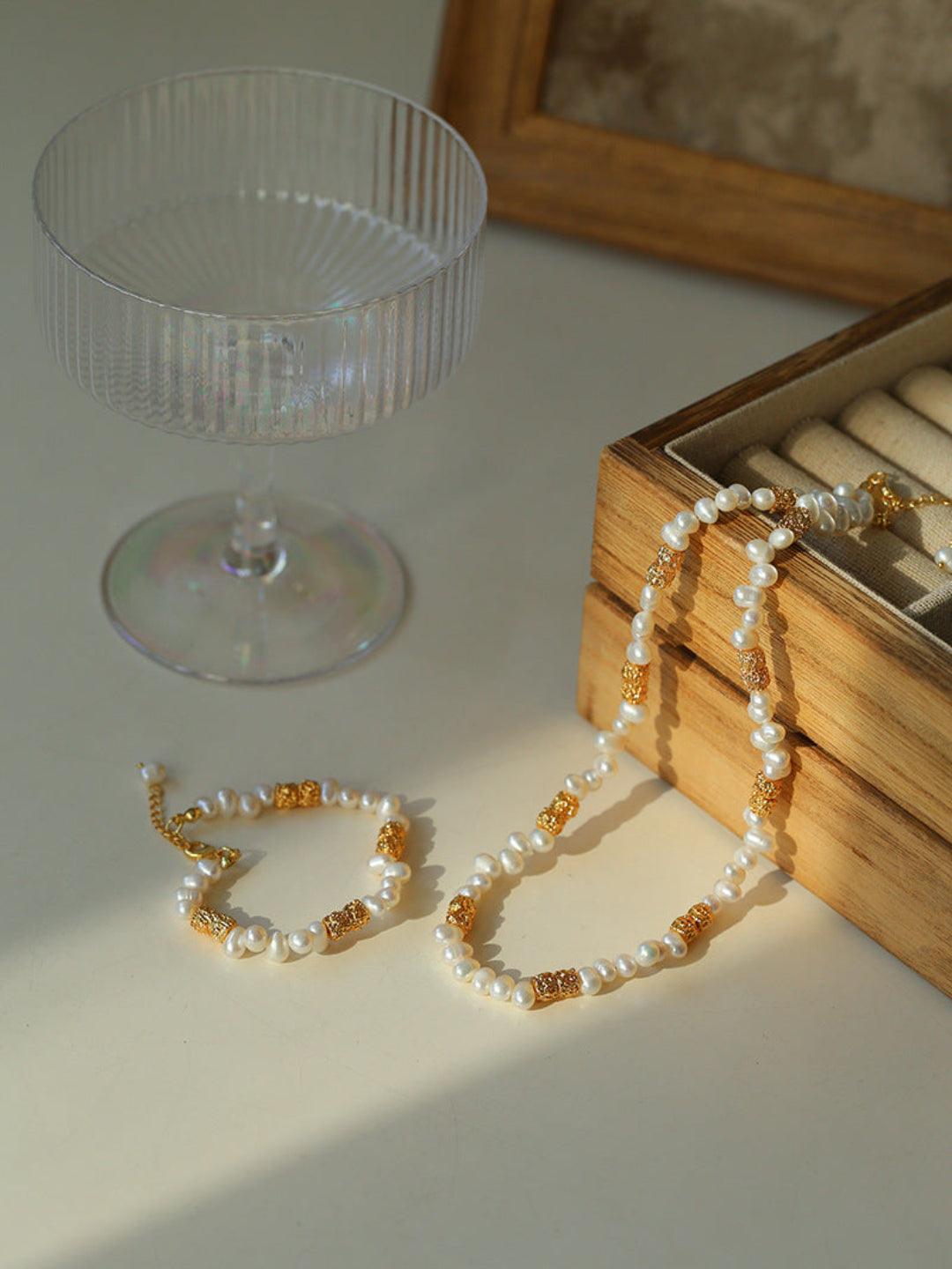 Lava Metal Gold Beans Scattered Pearl Necklace - Gembea Jewelry