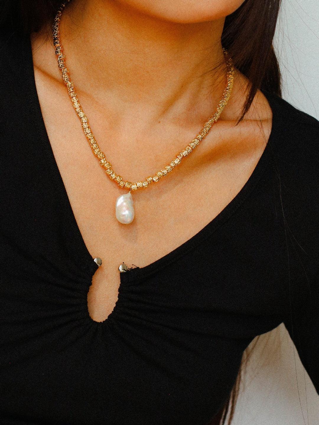 Baroque Pearl Pendant Lava Metal Necklace - Gembea Jewelry