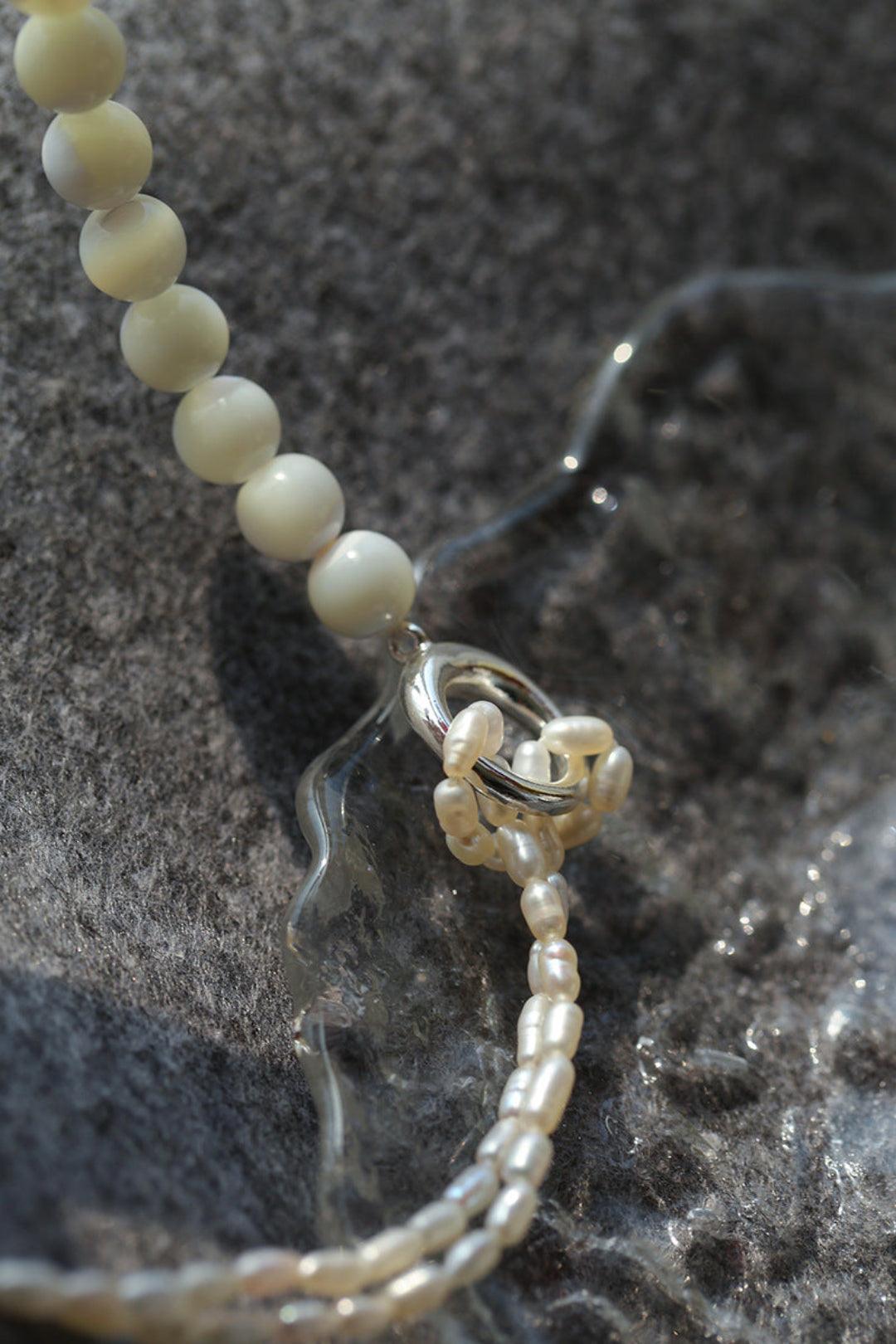 Round Buckle Rice Pearl White Shell Necklace - Gembea Jewelry
