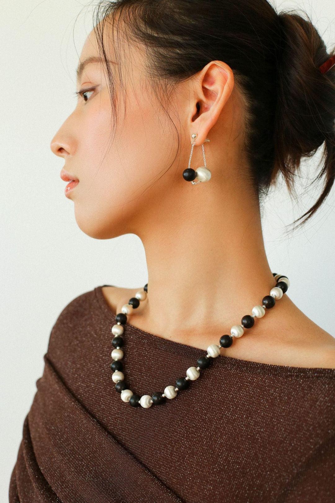 Ebony and Silver Ball Brushed Drop Earrings - Gembea Jewelry