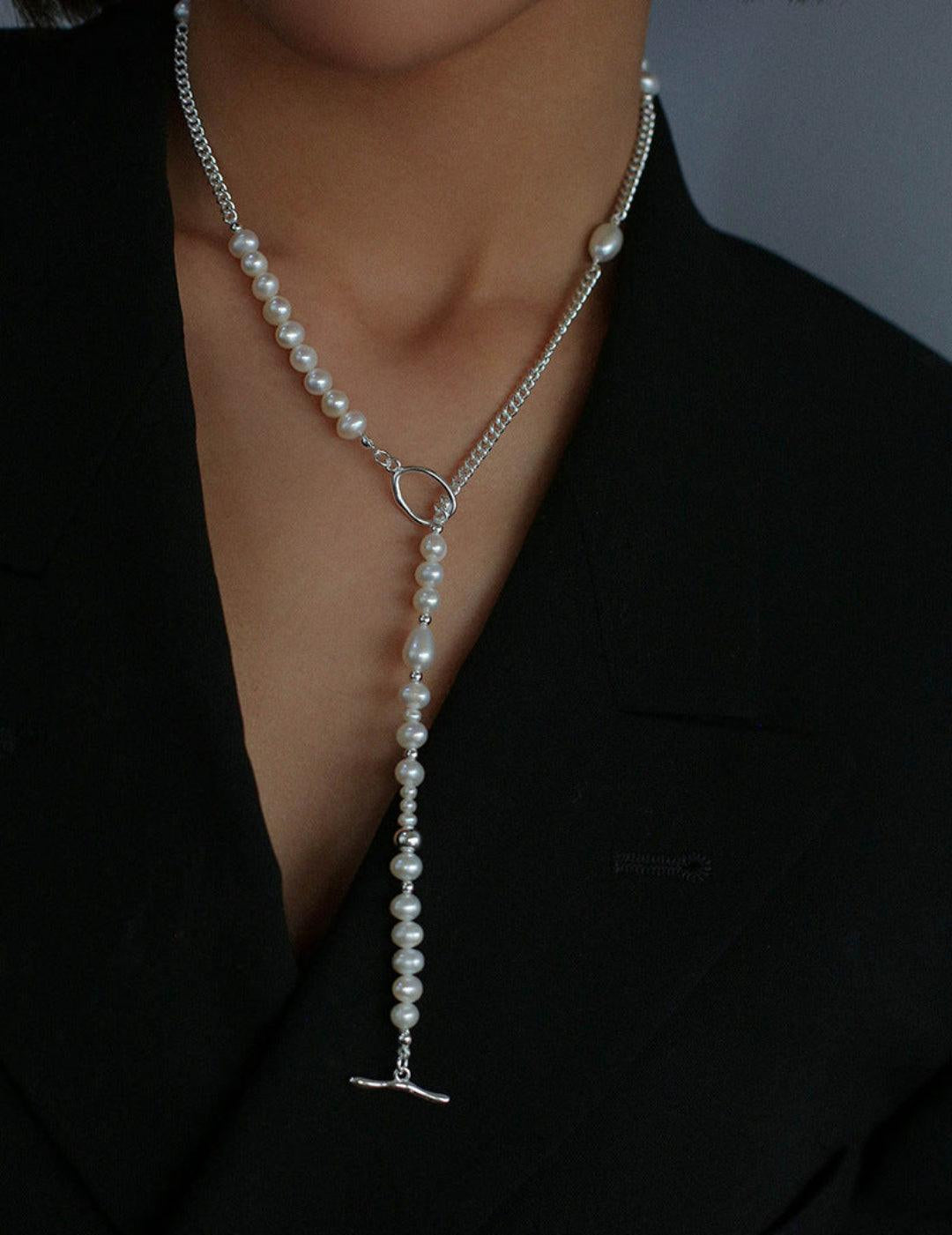 OT Buckle Long Chain Stitching Pearl Necklace - Gembea Jewelry