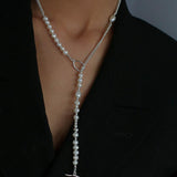 OT Buckle Long Chain Stitching Pearl Necklace - Gembea Jewelry