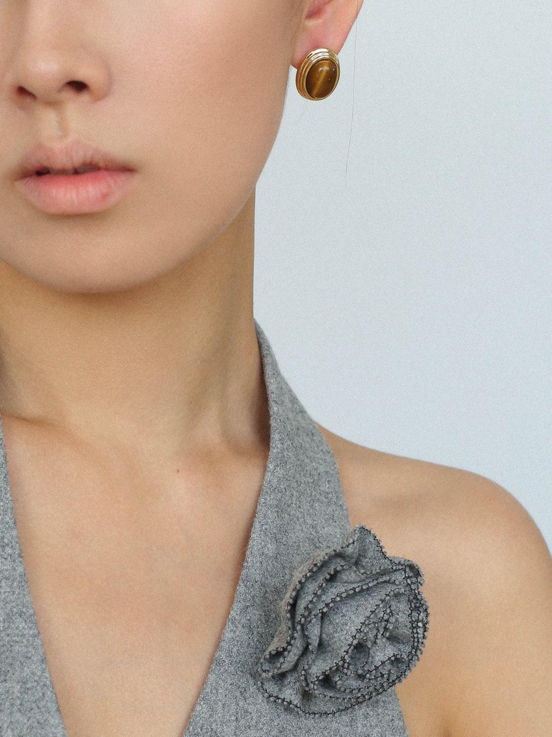 Oval Tiger Eye Stone Black Agate Earrings - Gembea Jewelry