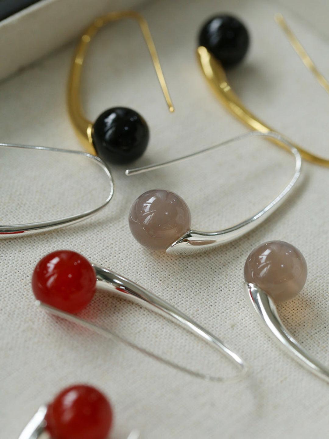 Hand-made Gray Red Black Agate Stone Ear Hooks Earrings - Gembea Jewelry