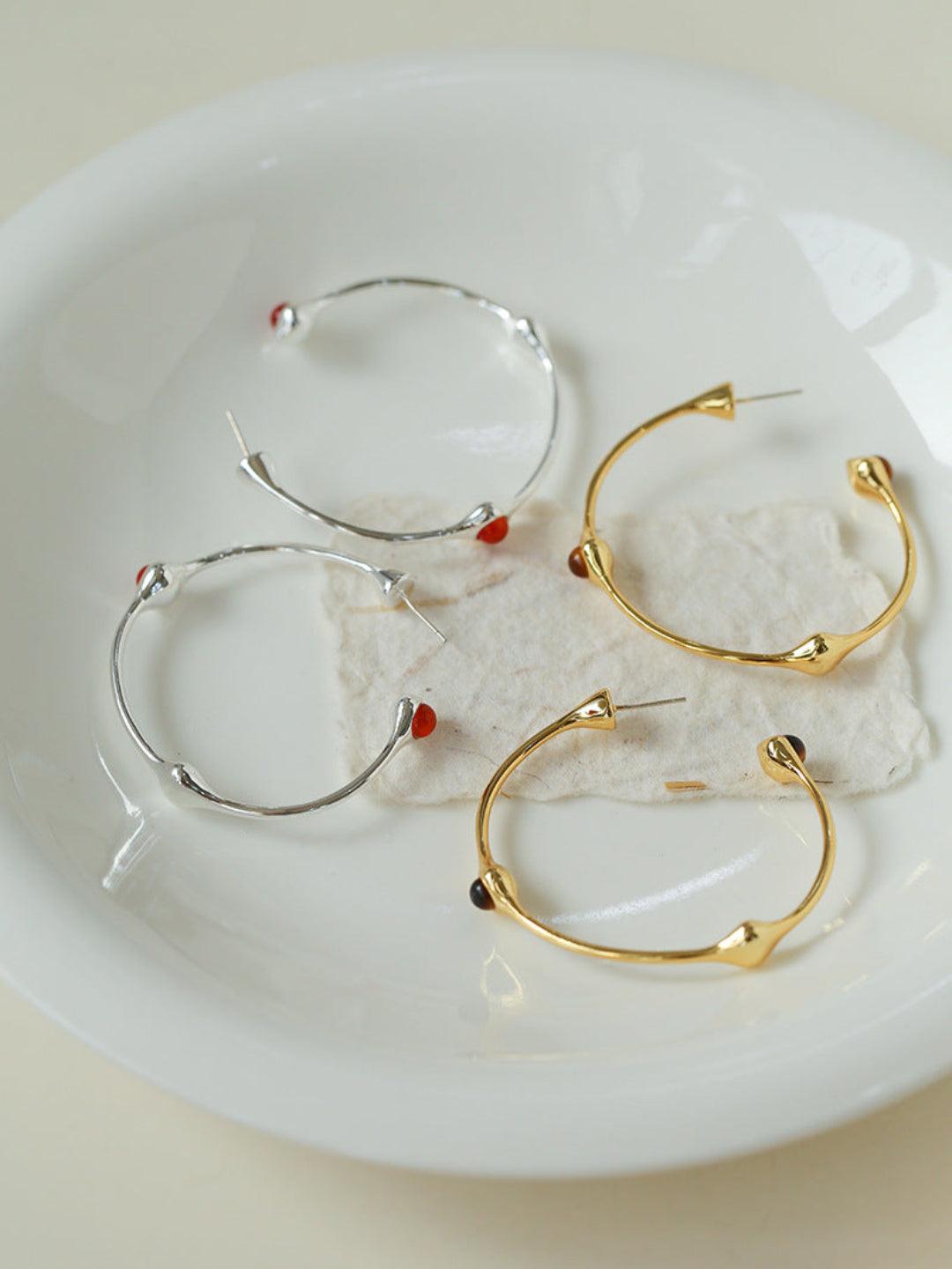 Red Agate Tiger Eye Stone Metal Hoop Earrings - Gembea Jewelry