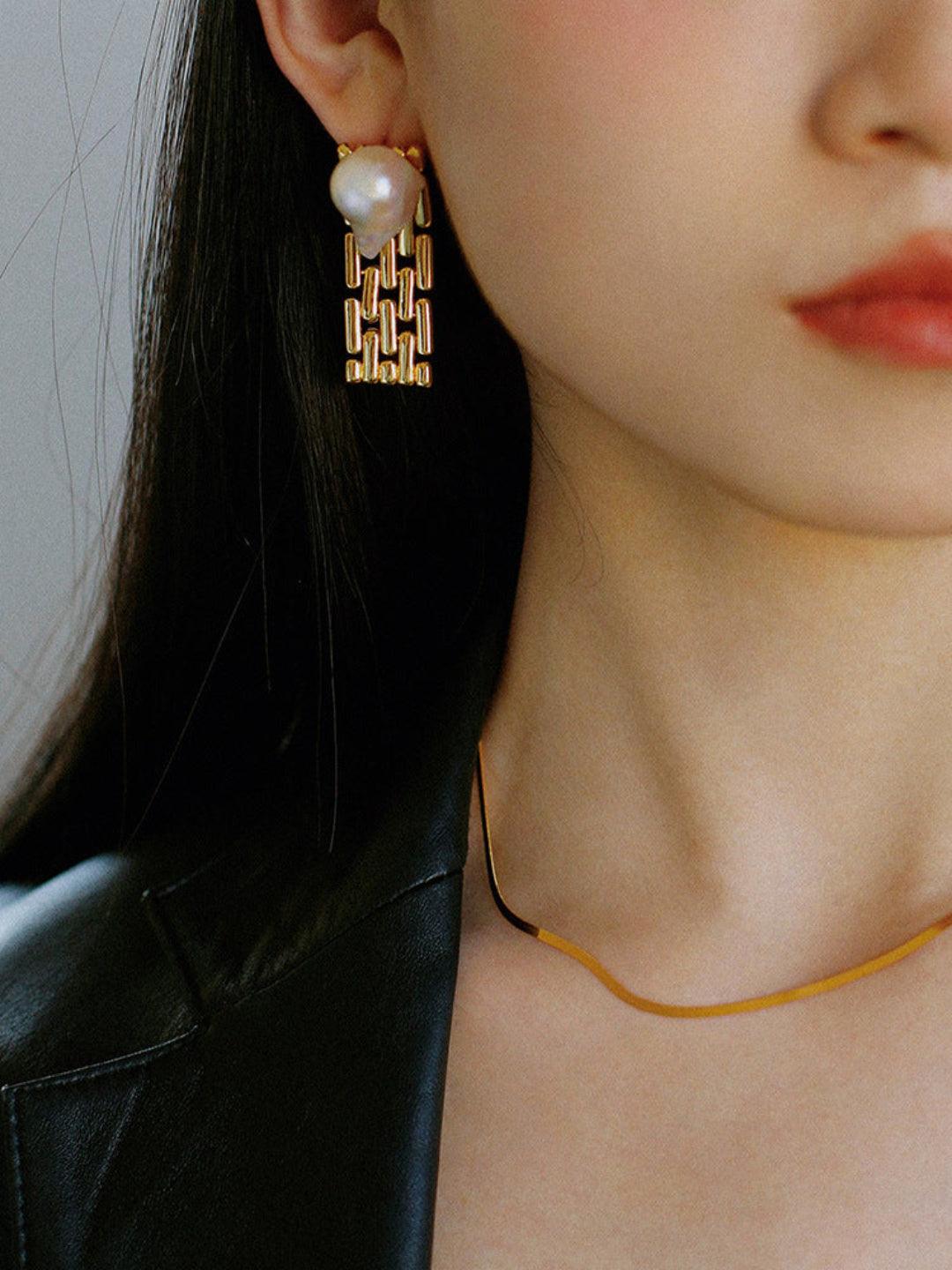 Wide Version Watch Chain Baroque Pearl Earrings - Gembea Jewelry