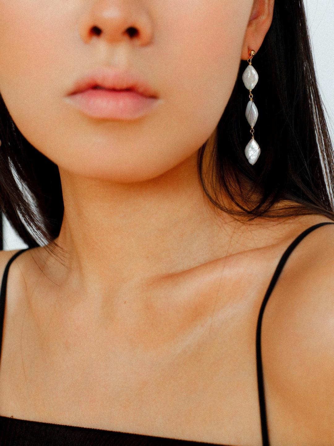 Diamond Baroque Pearl Long Earrings - Gembea Jewelry