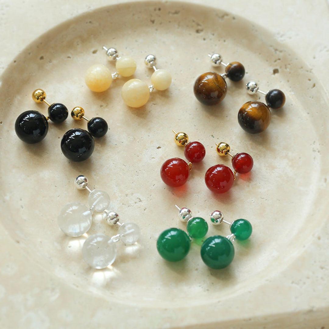 Double Ball Crystal Agate Stone Earrings - Gembea Jewelry