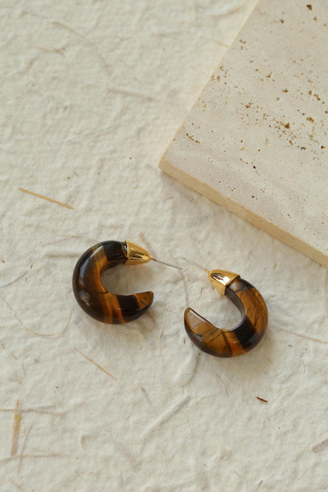 Black Agate Tiger Eye Stone Moon Bud Earrings - Gembea Jewelry