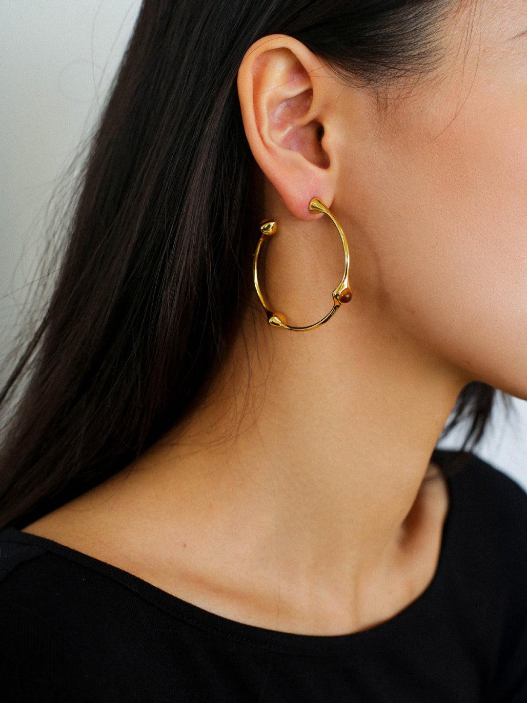 Red Agate Tiger Eye Stone Metal Hoop Earrings - Gembea Jewelry