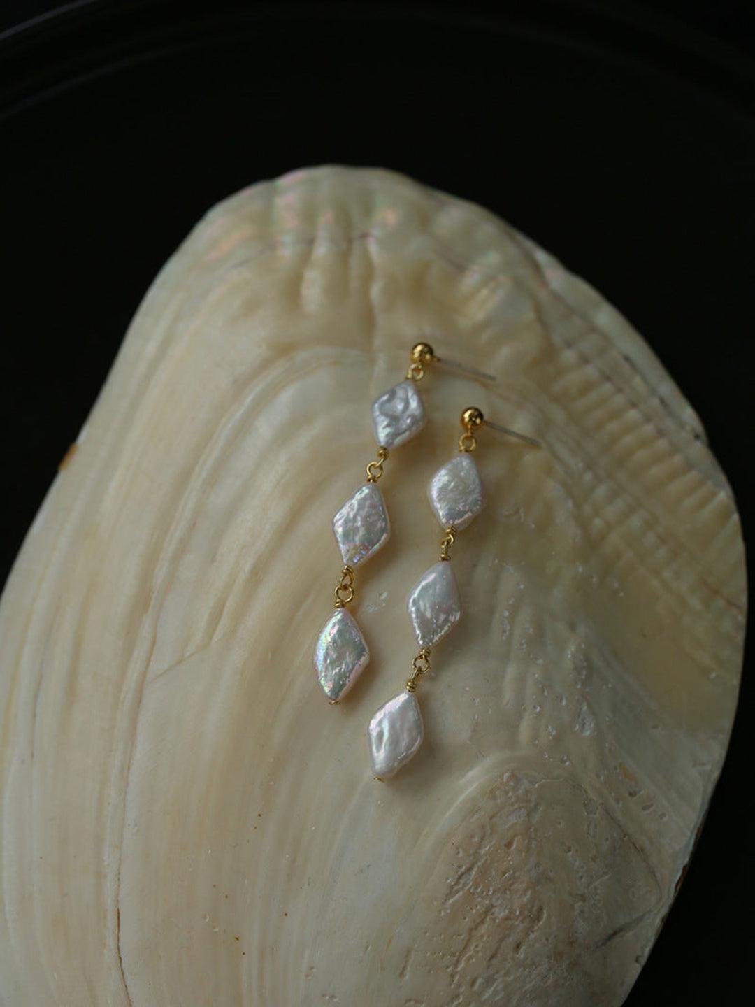 Diamond Baroque Pearl Long Earrings - Gembea Jewelry