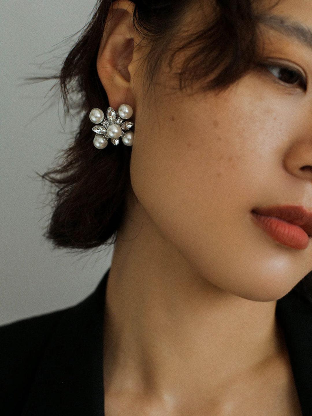 Snow Artificial Pearl Crystal Stud Earrings - Gembea Jewelry