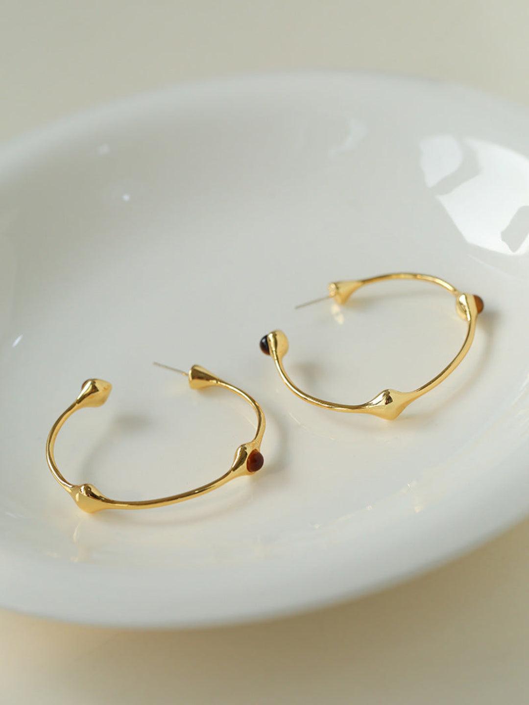 Red Agate Tiger Eye Stone Metal Hoop Earrings - Gembea Jewelry