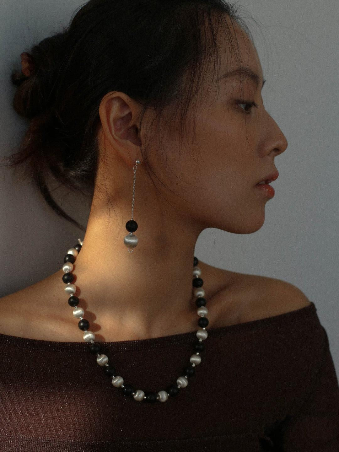 Ebony and Silver Ball Brushed Drop Earrings - Gembea Jewelry