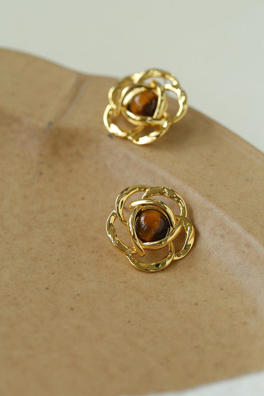 Tiger Eye Gemstone Camellia Earrings - Gembea Jewelry