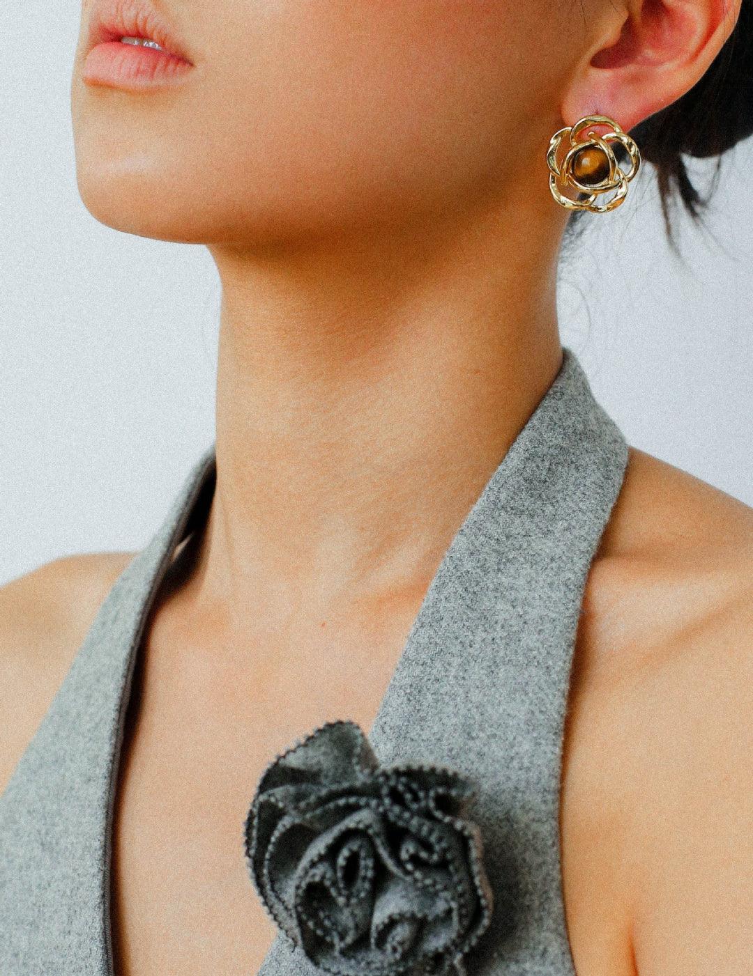 Tiger Eye Gemstone Camellia Earrings - Gembea Jewelry