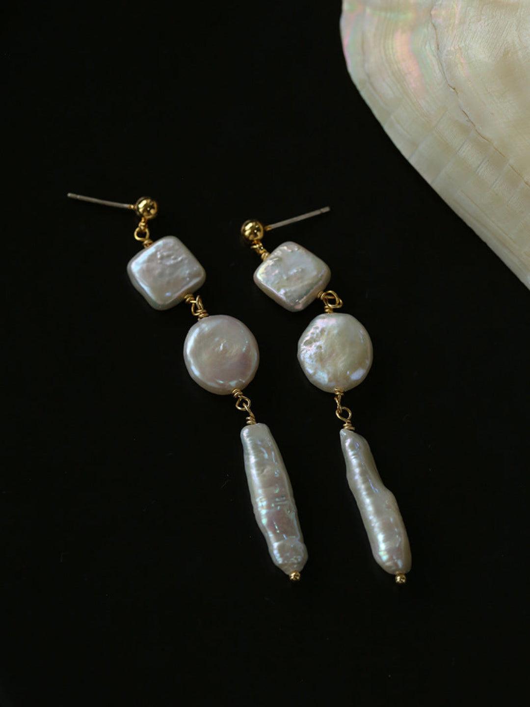 Diamond Baroque Pearl Long Earrings - Gembea Jewelry