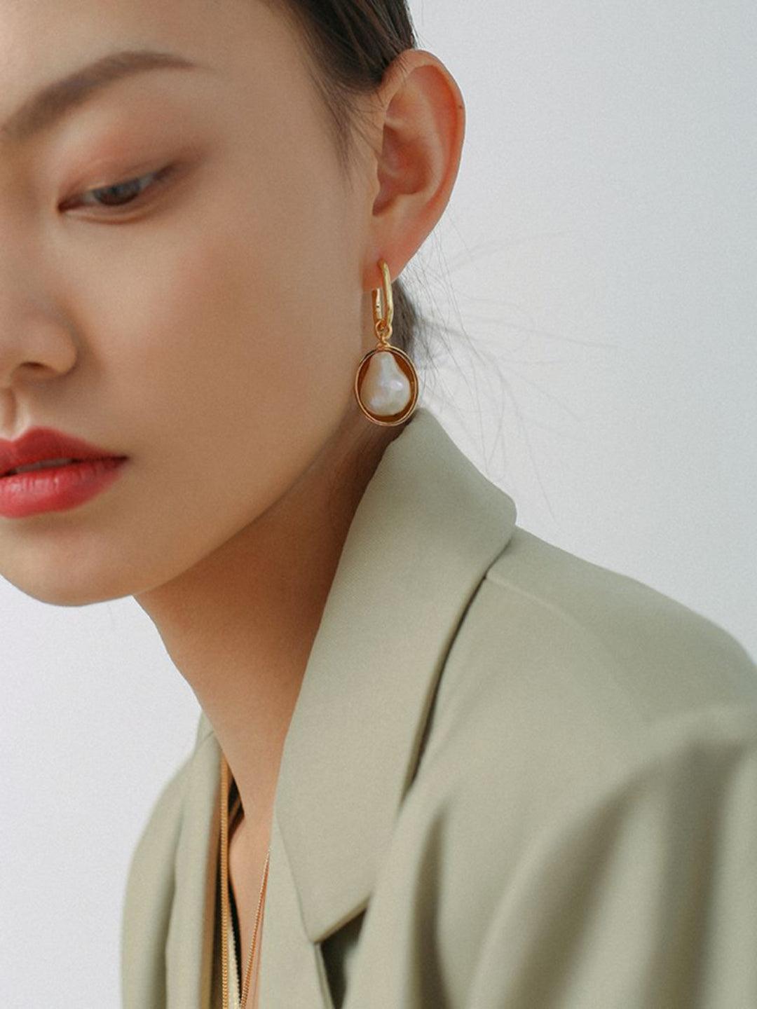 Oval Pendant Baroque Shaped Pearl Earrings - Gembea Jewelry