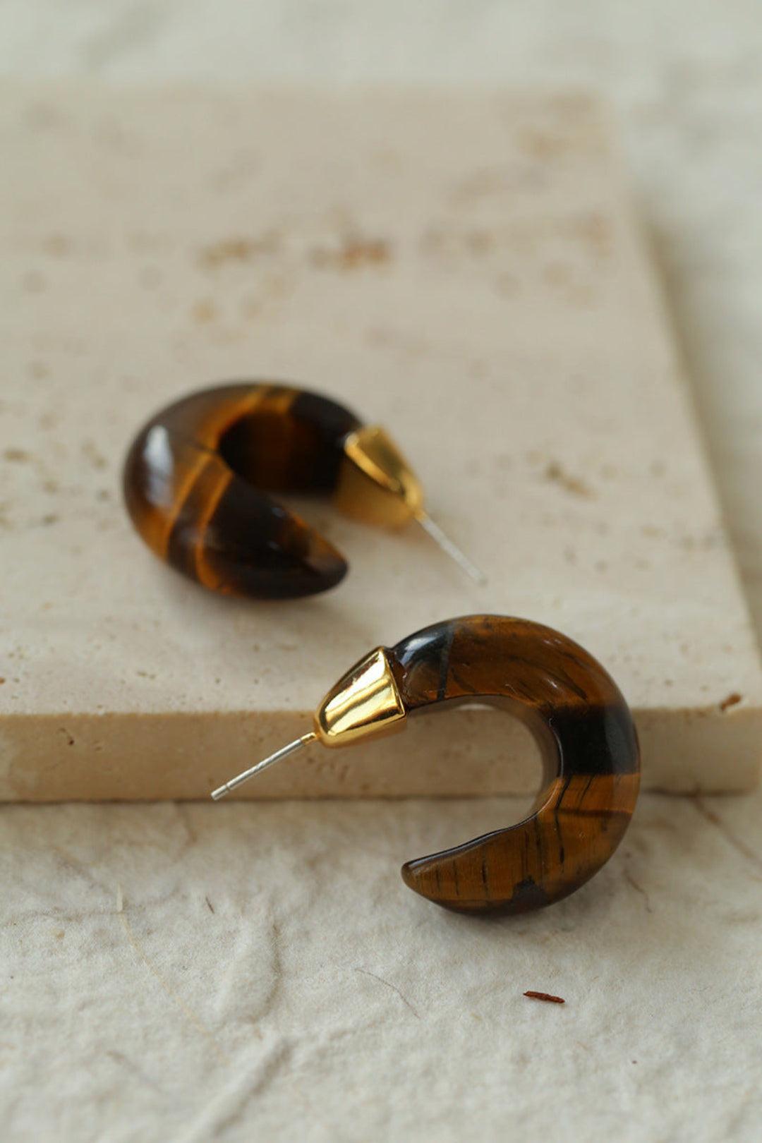 Black Agate Tiger Eye Stone Moon Bud Earrings - Gembea Jewelry