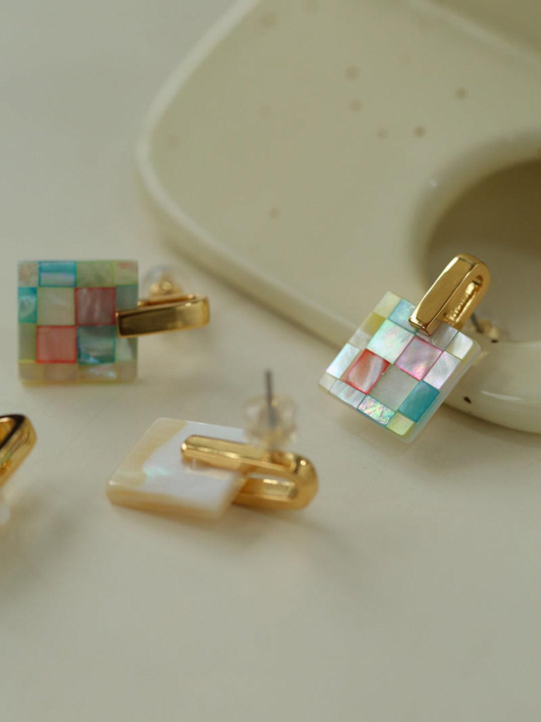 Splice white Mother of Pearl Checkerboard Earrings - Gembea Jewelry