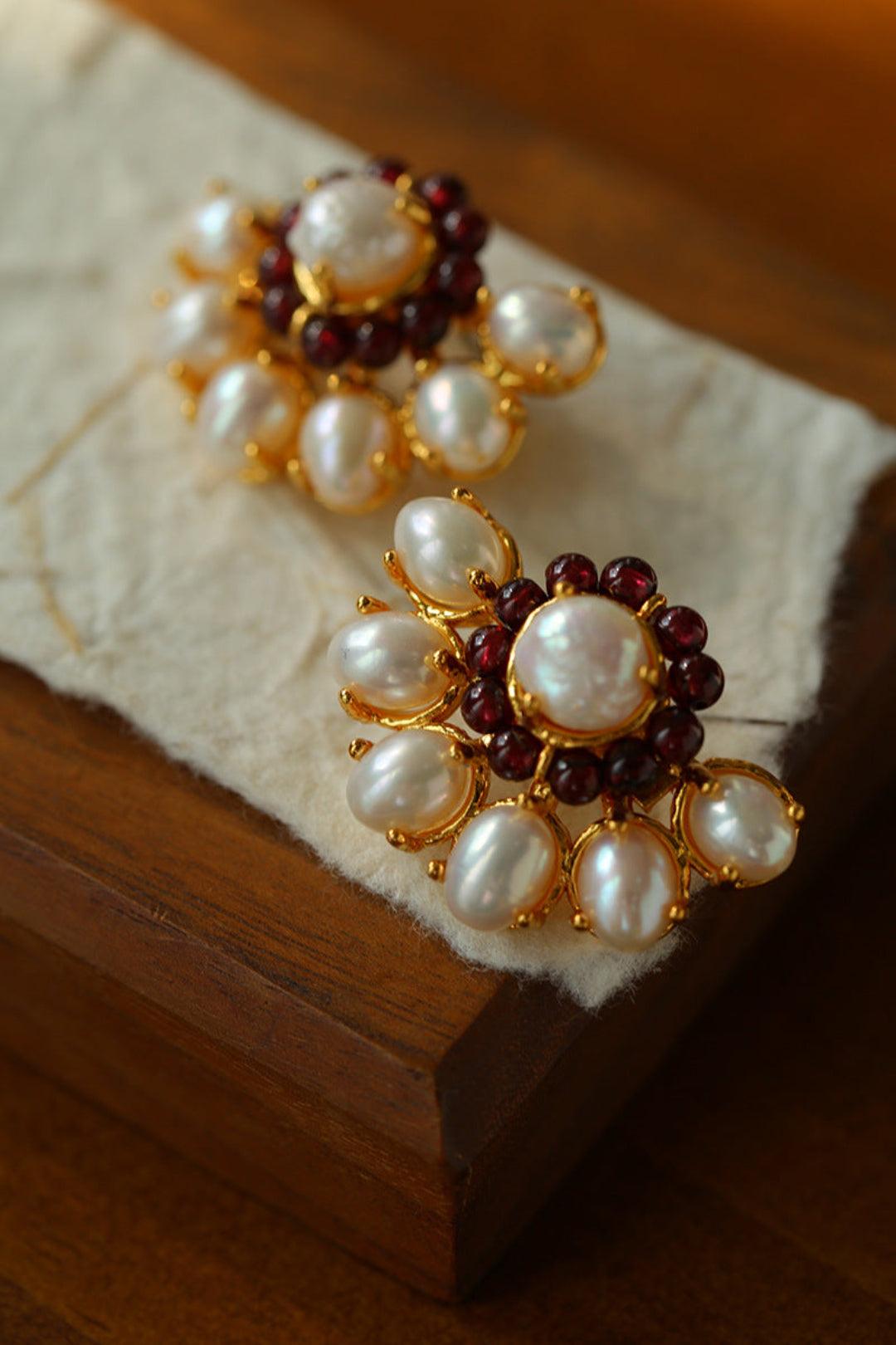 Natural Freshwater Pearl Garnet Stone Earrings - Gembea Jewelry